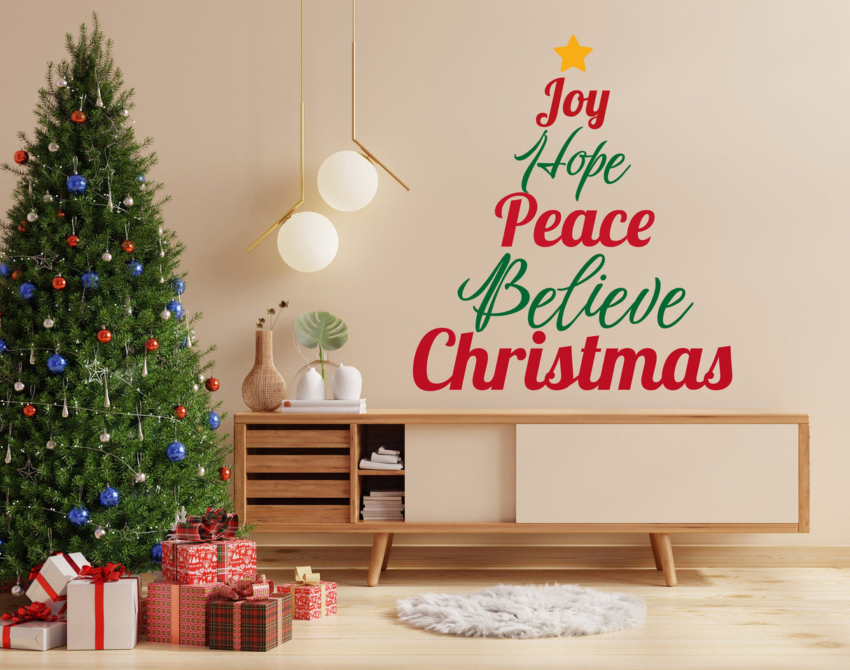 Product detail view of the Joy Hope Peace Believe Christmas wall decal, layout 2.
