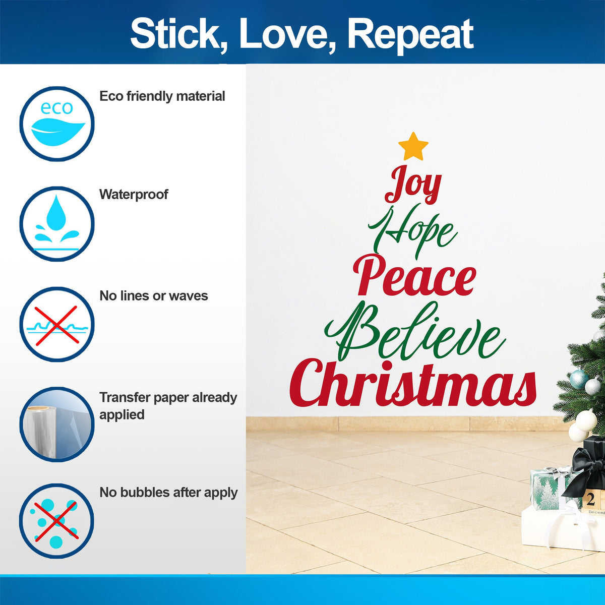Alternate gallery view of the Joy Hope Peace Believe Christmas wall decal, layout 2.