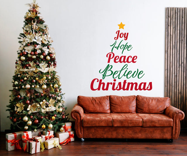 Joy Hope Peace Believe Christmas wall decal, layout 2 shown in a room setting.