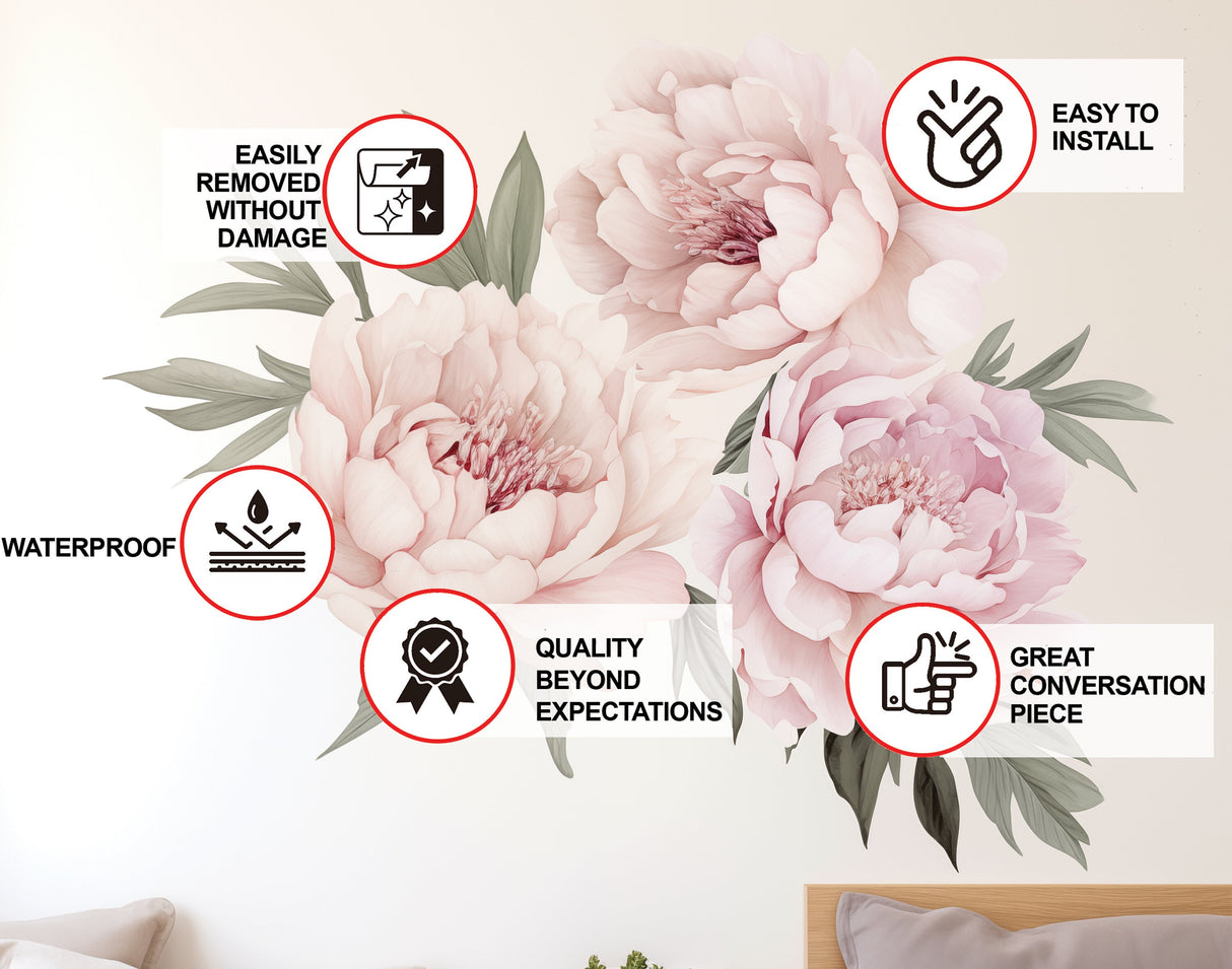 Lush Watercolor Peony Wall Decals - Vibrant Bloom Peel and Stick Adhesives.