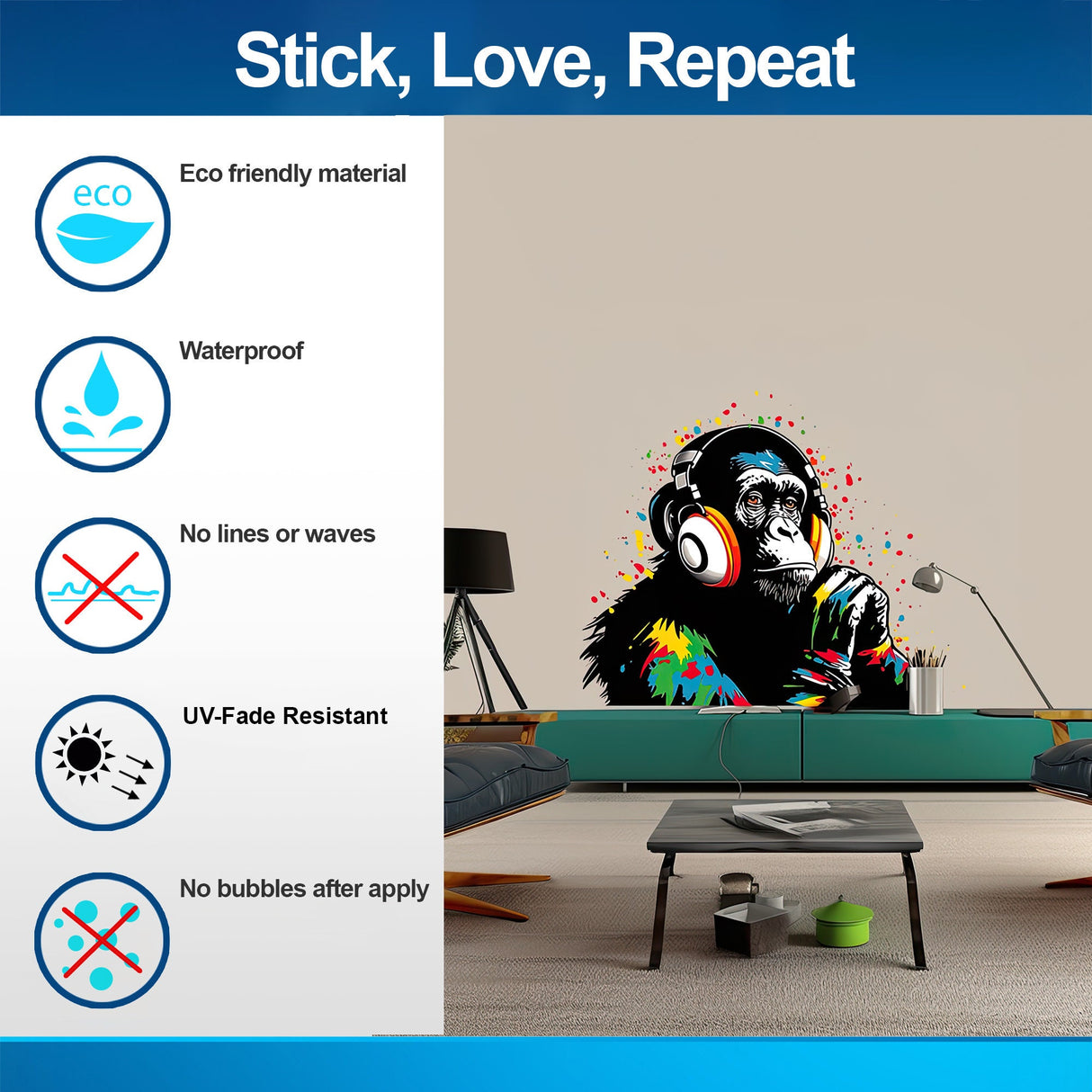 DJ Monkey Wall Decal - Vinyl Art Mural Thinking Gorilla with Headphones.