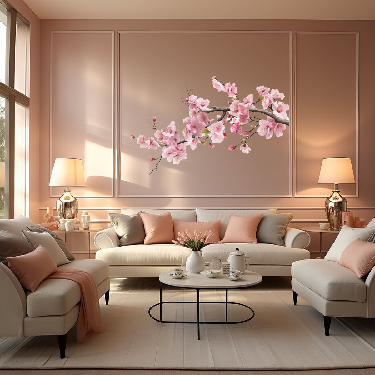 Pink cherry blossom branch vinyl wall decal displayed in a corner setting.