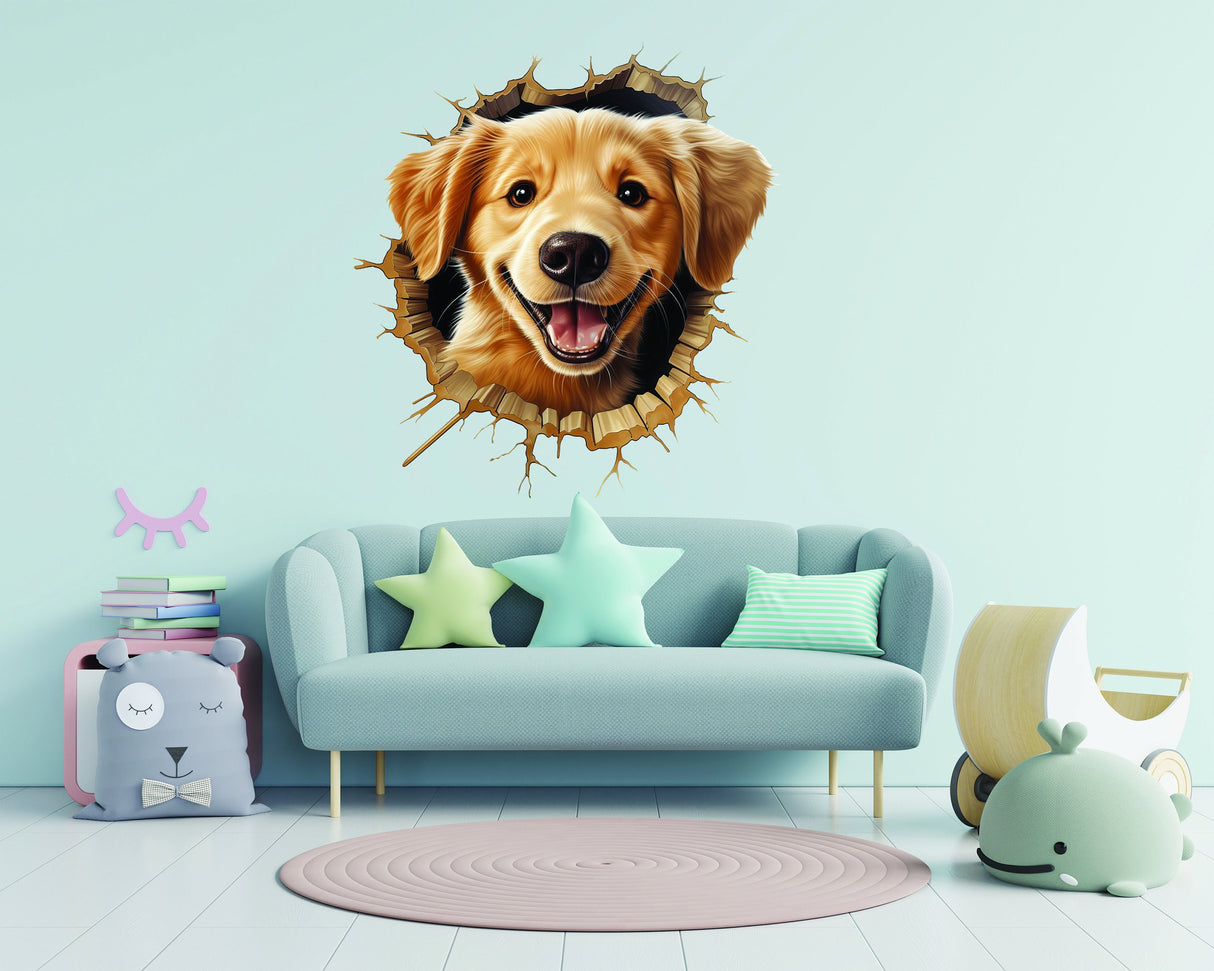 Cute dog porthole wall mural sticker.