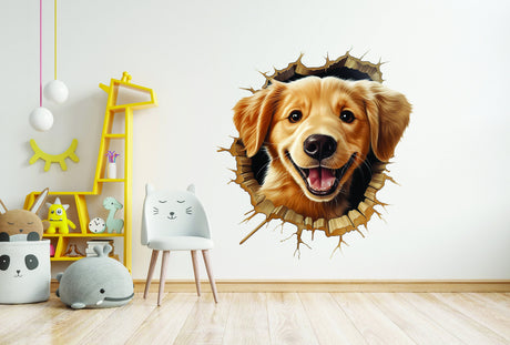 Cute puppy 3D wall decal with broken-wall illusion.