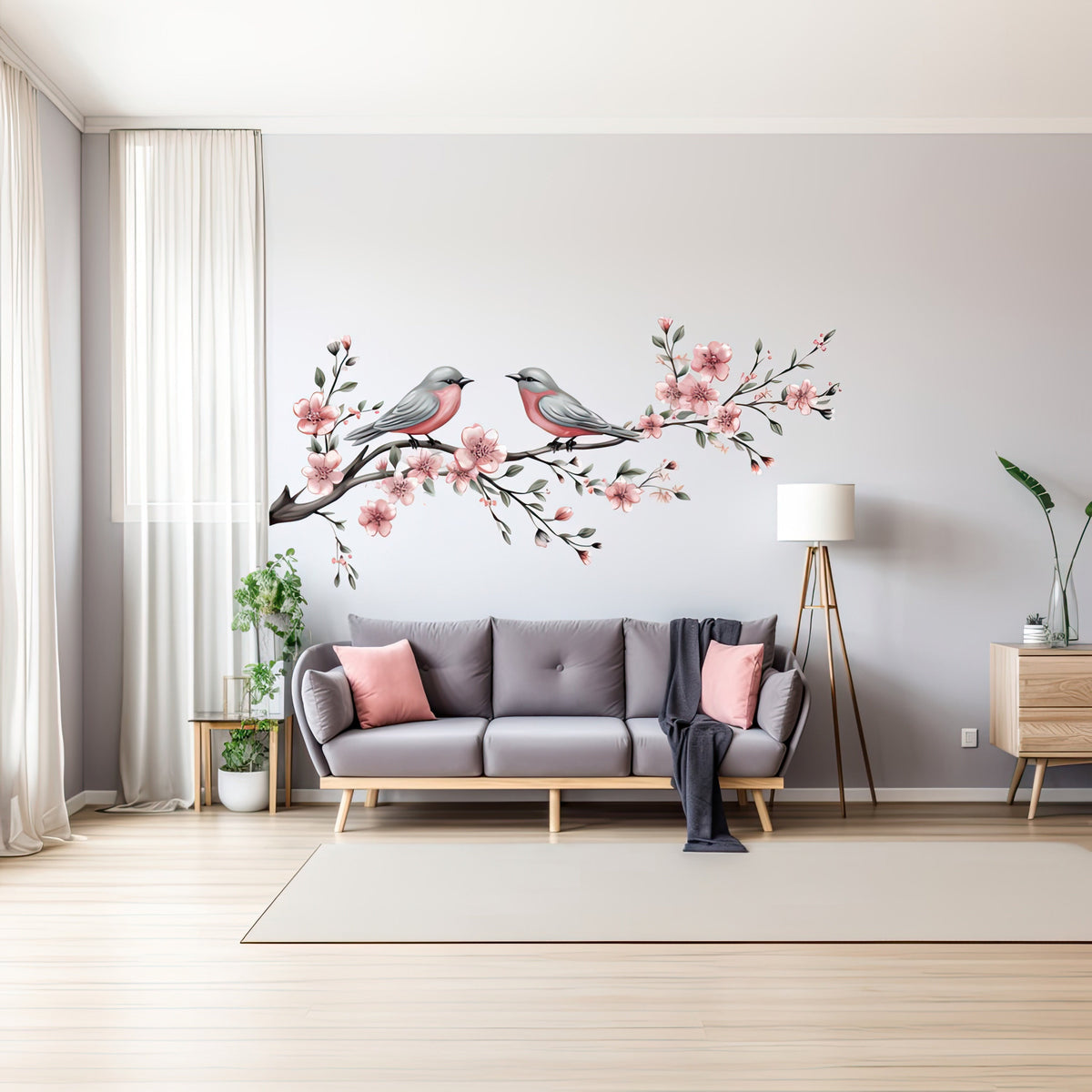 Floral tree branch vinyl wall art for a living room.