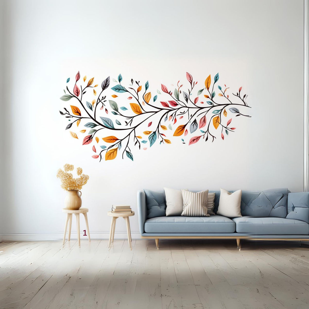 Nature-themed removable wall covering with stylized tree design.