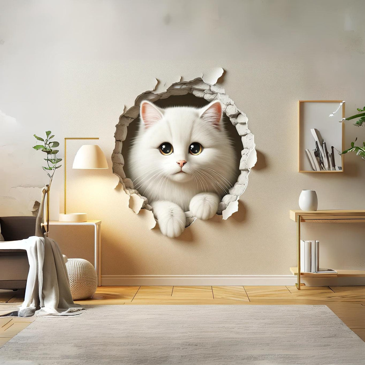 White cat porthole wall mural for kids room.