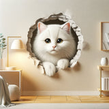 3D white cat wall decal with cracked-wall illusion.