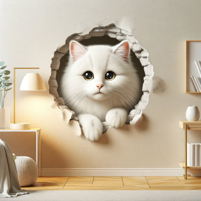 3D white cat wall decal with cracked-wall illusion.