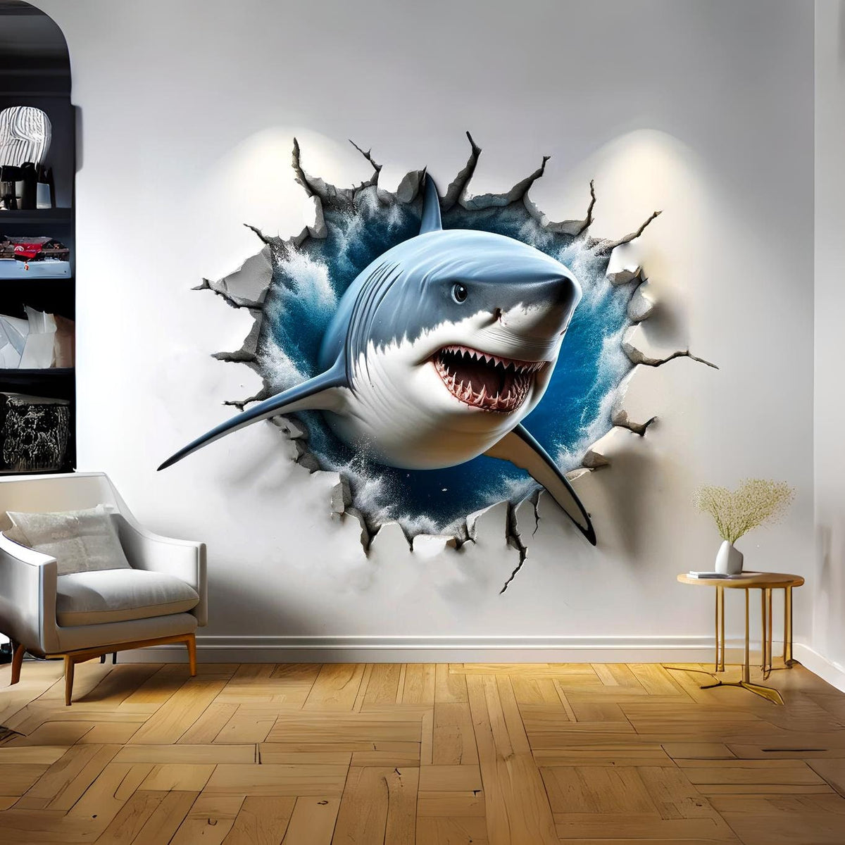 Peel-and-stick shark wall decor decal.