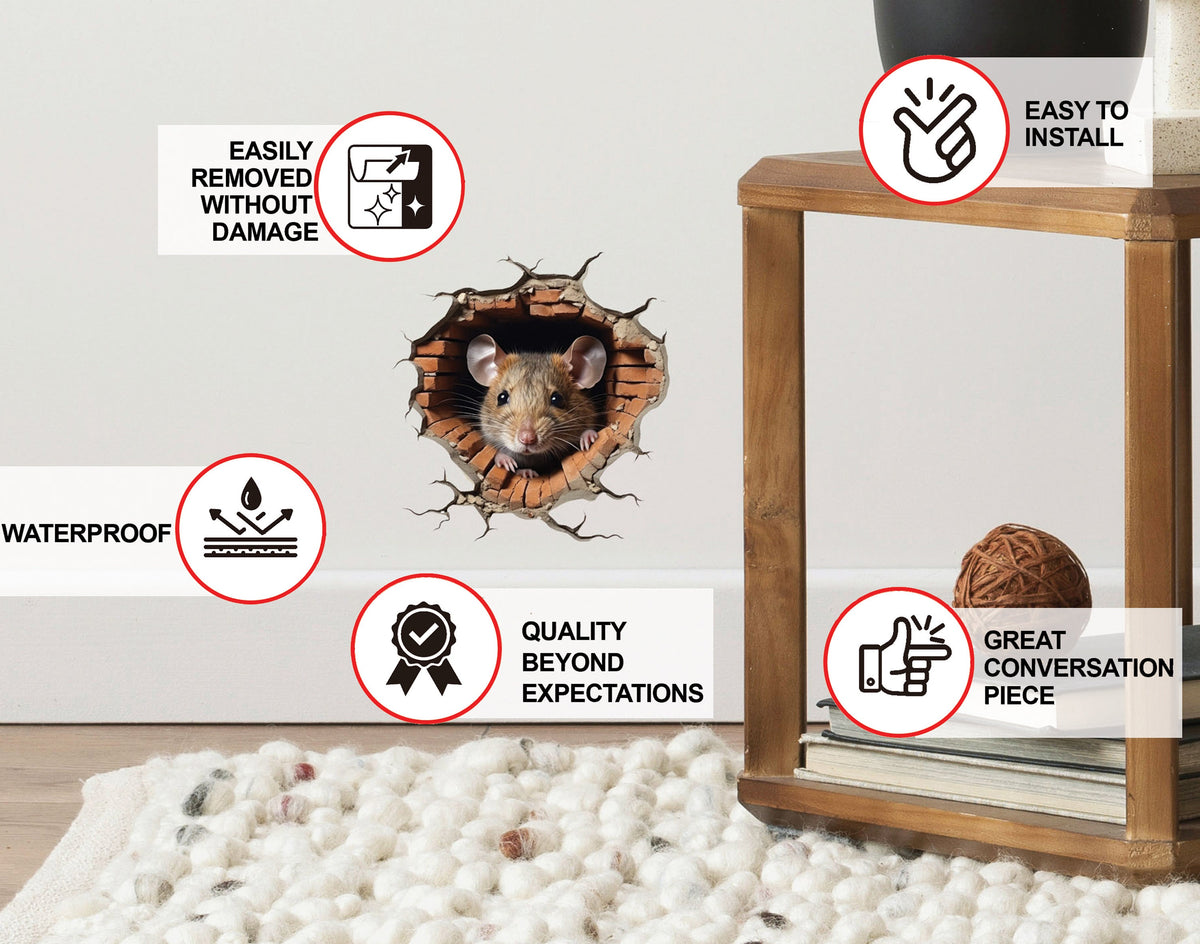 3D Mouse Hole Wall Sticker - Realistic Mouse Peeking from Mousehole Decal for Whimsical Room Decor.