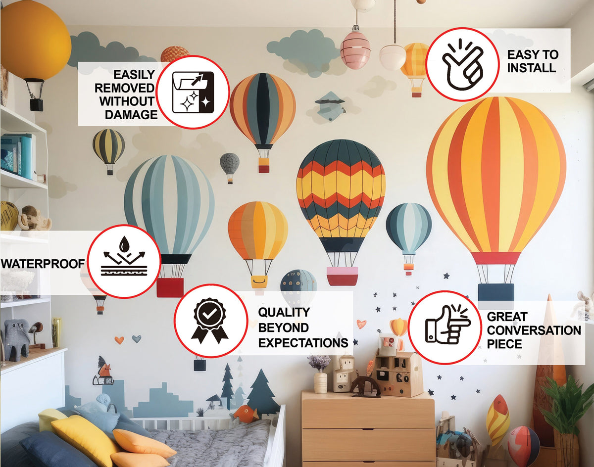 Children’s room decorated with colorful balloon and cloud wall decals.