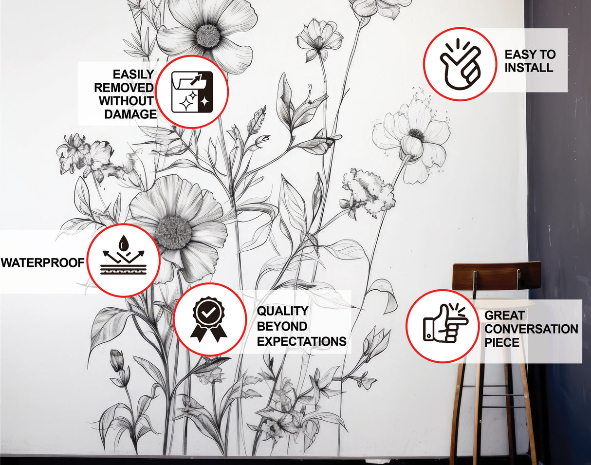 Detailed floral and foliage vinyl wall decal.