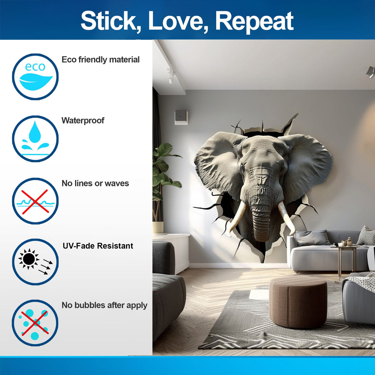 Additional product view of 3D Elephant Head Wall Sticker.