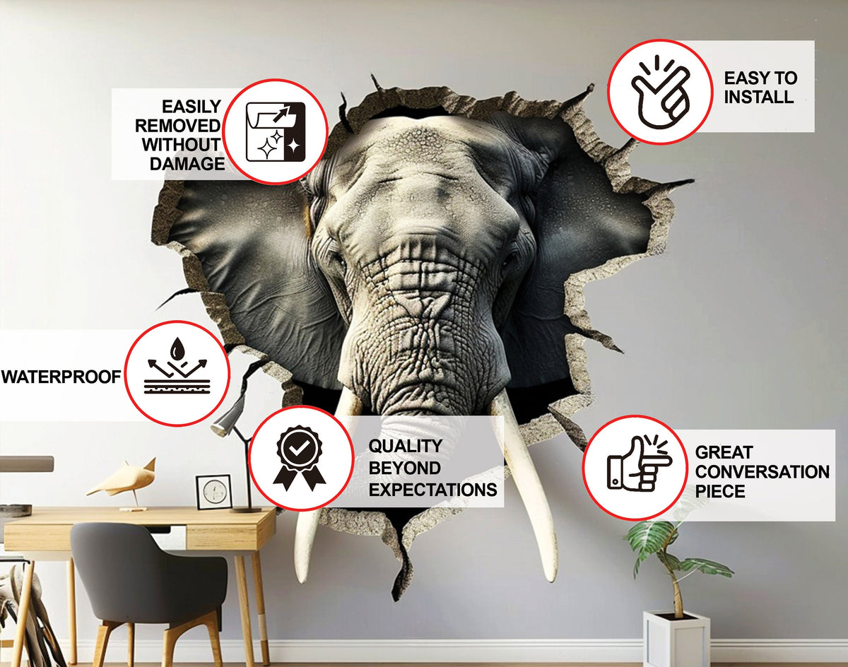 3D Elephant Wall Decal - Realistic Broken Hole Illusion Vinyl Sticker.