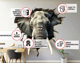3D Elephant Wall Decal - Realistic Broken Hole Illusion Vinyl Sticker.