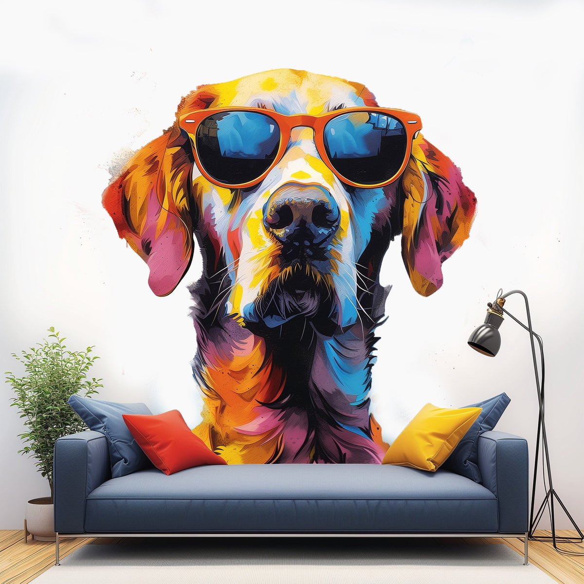 Product gallery view of Colorful Watercolor Golden Retriever in Glasses Wall Sticker.