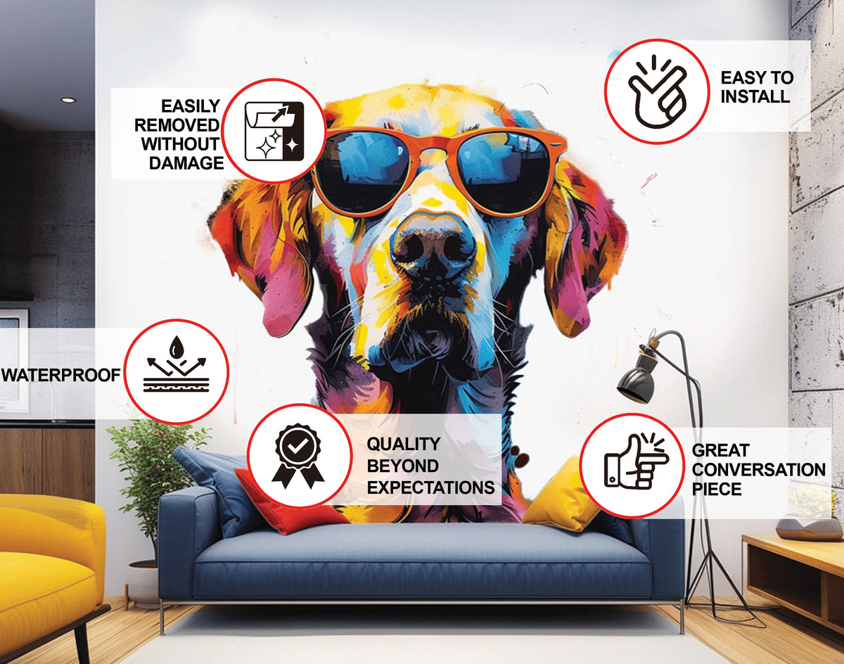 Colorful Watercolor Golden Retriever in Glasses Wall Sticker - Whimsical Toddler Room Dog Art Decal.