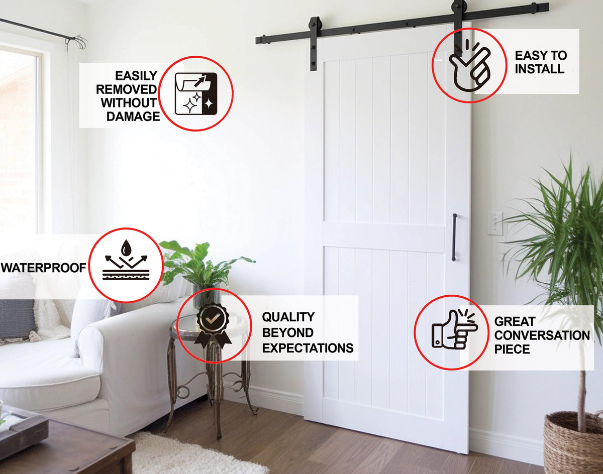 White Rustic Wood Barn Door Wallpaper Sticker - DIY Peel and Stick Wooden Door Cover Decal.