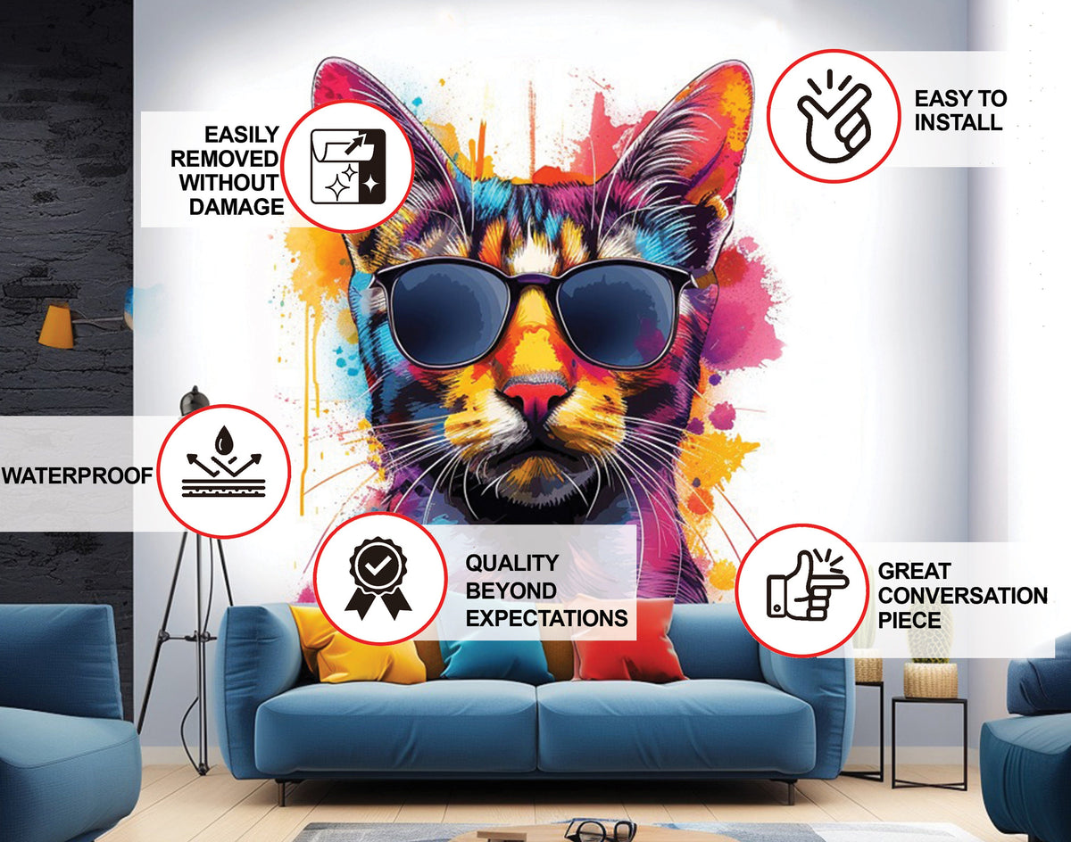 Watercolor Cat with Sunglasses Wall Decal - Playful Feline Cute Kitten Art Decal.