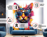 Watercolor Cat with Sunglasses Wall Decal - Playful Feline Cute Kitten Art Decal.