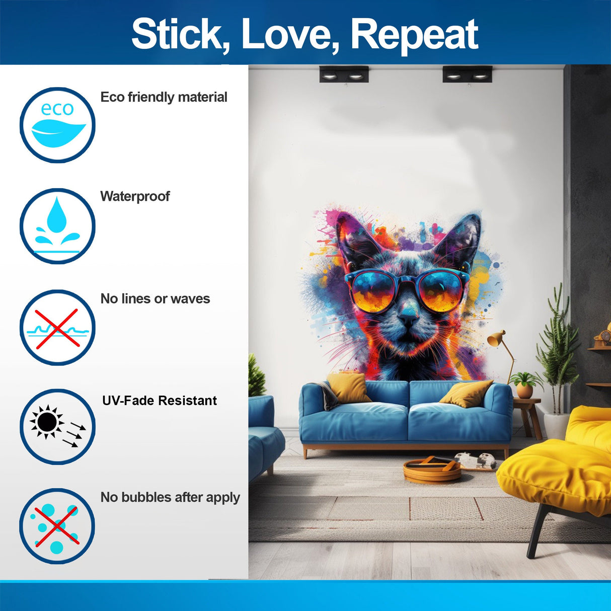 Cat with Sunglasses Wall Decal - Dynamic Watercolor Kitten Art Sticker for Modern Room Decor.