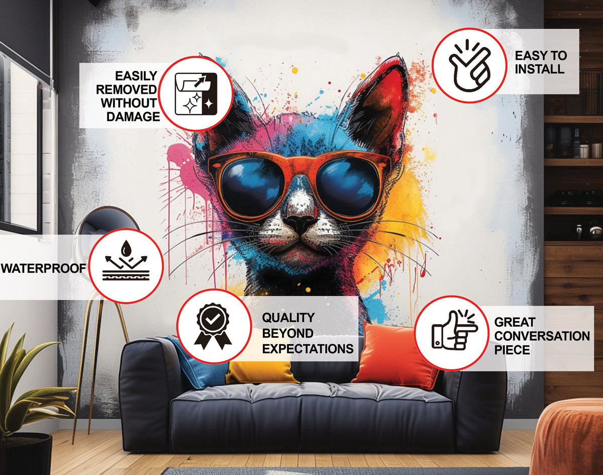 Chic Cat in Sunglasses Wall Sticker - Lively Watercolor Feline Kitten Decal for Home Decor.