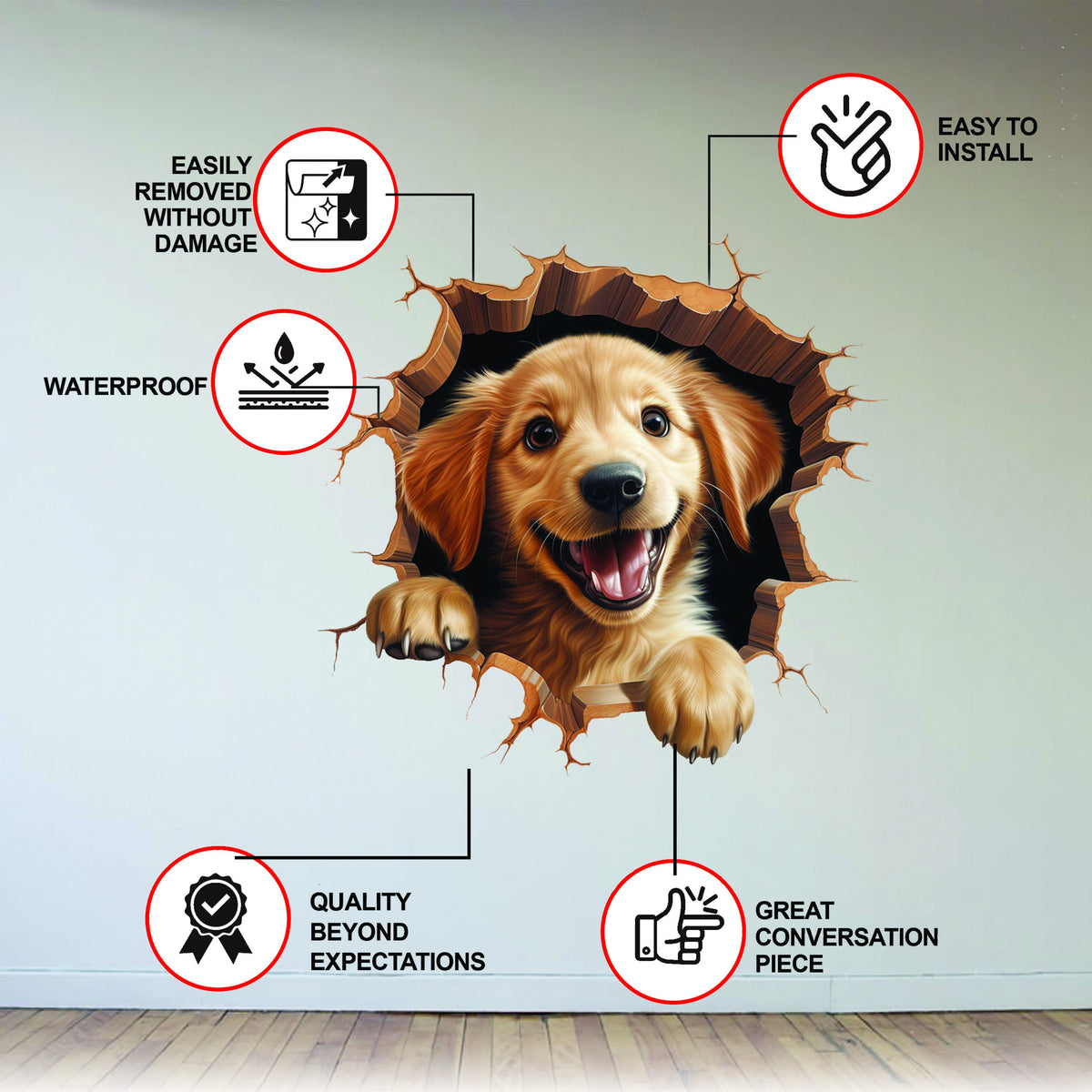 3D dog wall decal with cracked-wall illusion.