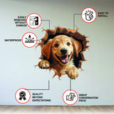 3D dog wall decal with cracked-wall illusion.