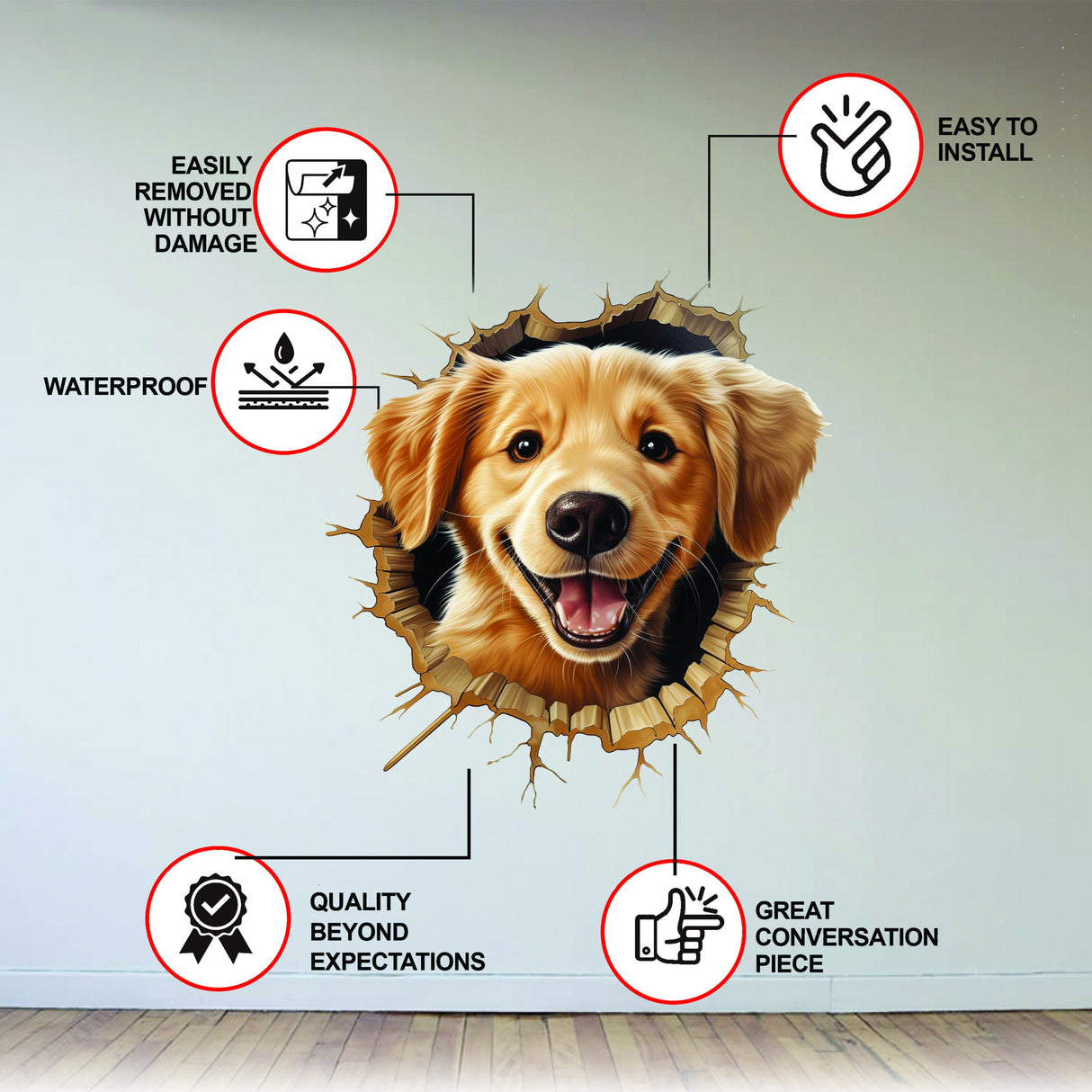 Puppy cracked-wall vinyl sticker.