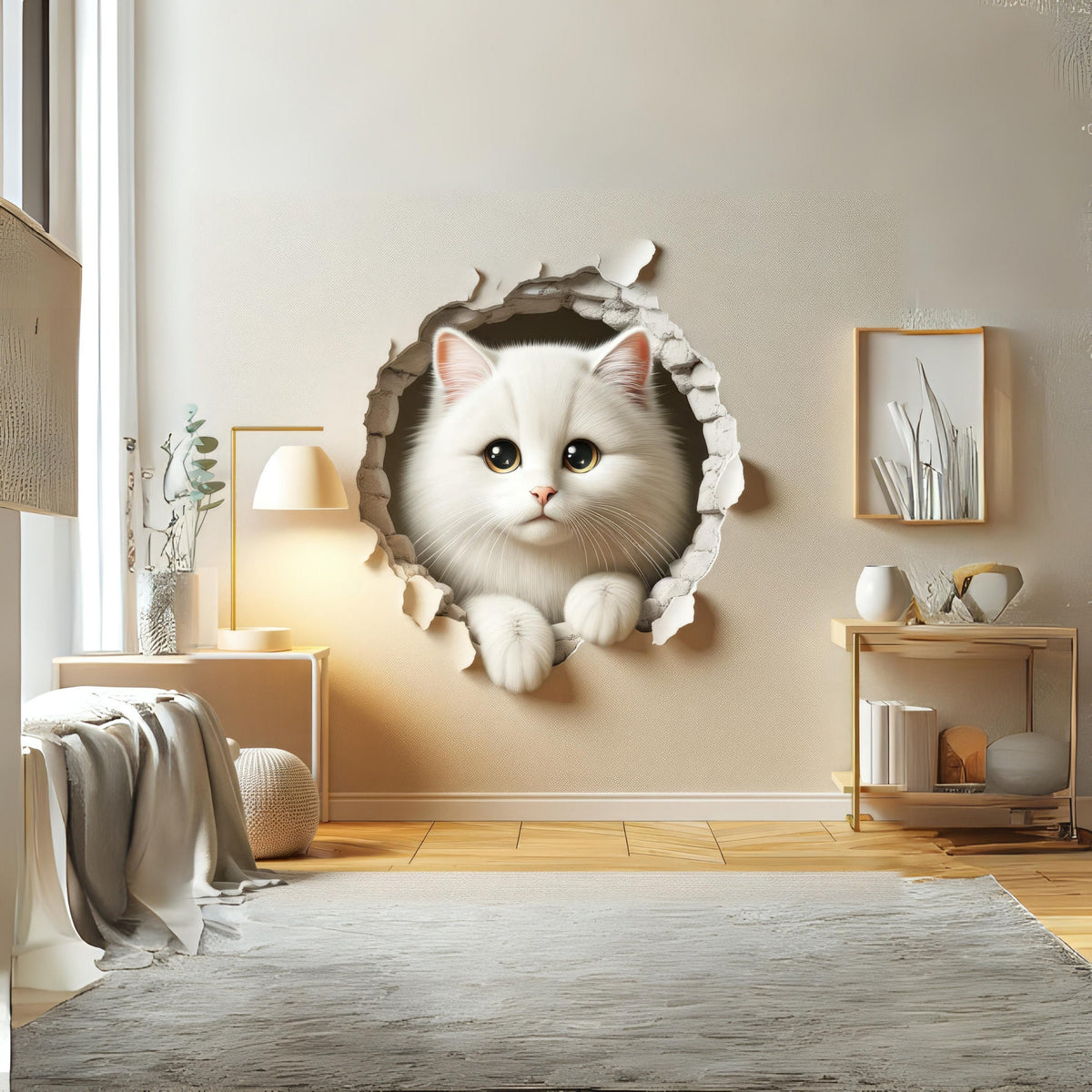 Peel-and-stick white cat wall decor decal.