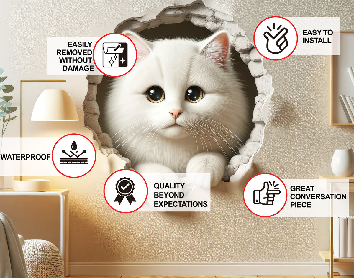 White kitten broken-wall vinyl sticker.