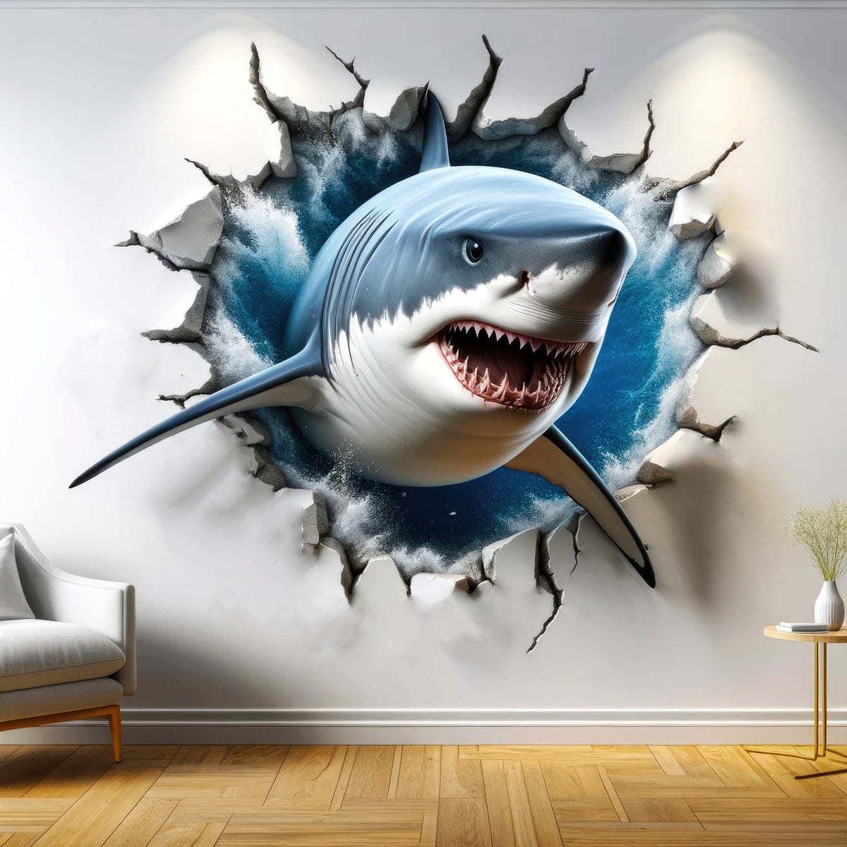 Shark porthole wall mural presentation.
