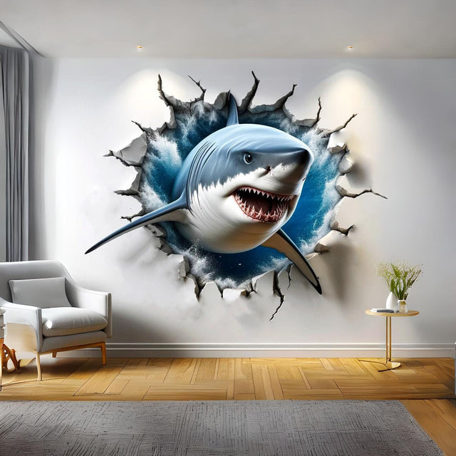 3D great white shark wall decal with ocean porthole illusion.