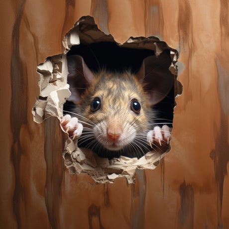 Brown mouse peeking through a printed mouse-hole wall decal