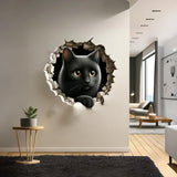 Realistic cat broken-wall porthole mural.