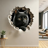 3D black cat wall decal with a cracked-wall illusion.