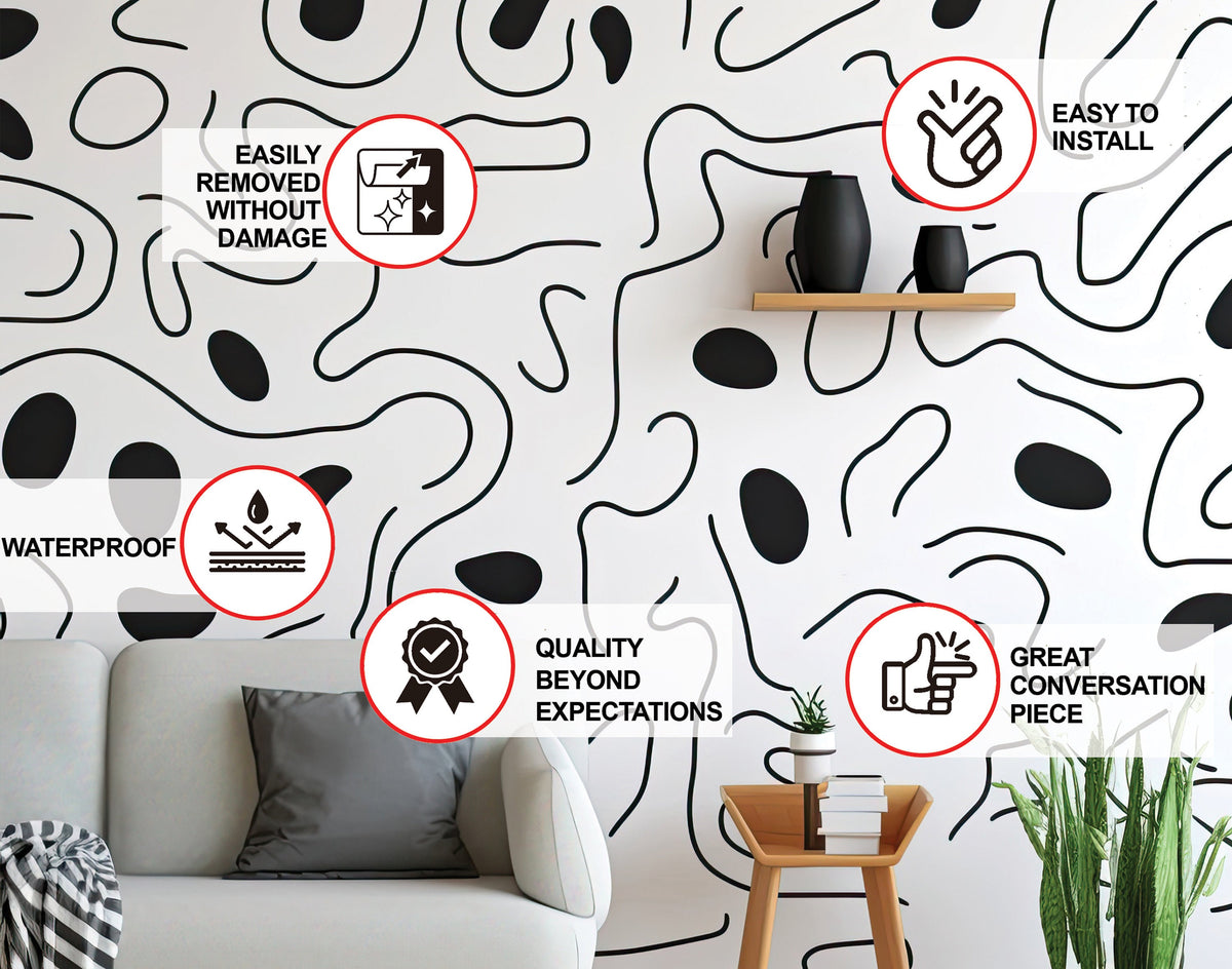 Dynamic black line and abstract shape wall art decal.