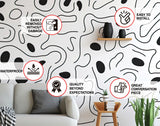 Dynamic black line and abstract shape wall art decal.