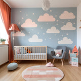 Dreamy nursery sky wall sticker with clouds and stars.