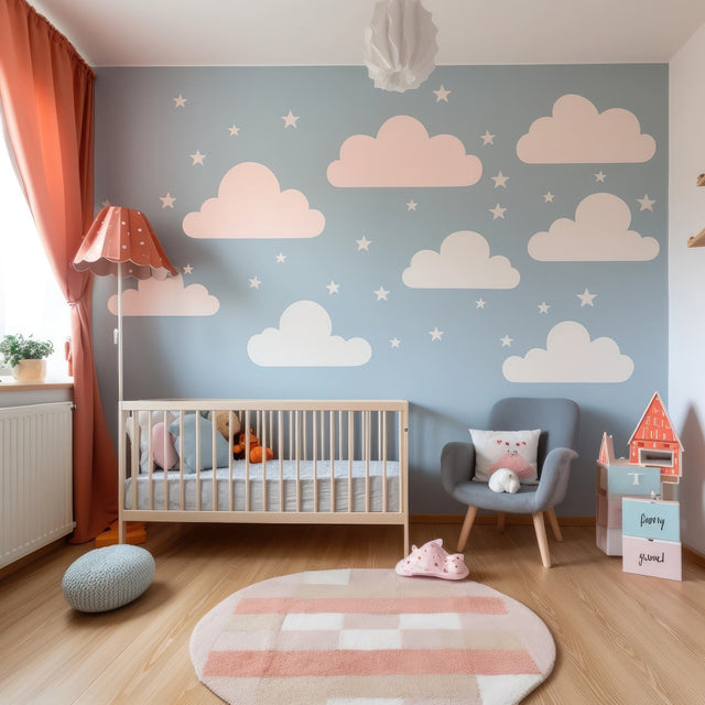 Dreamy nursery sky wall sticker with clouds and stars.