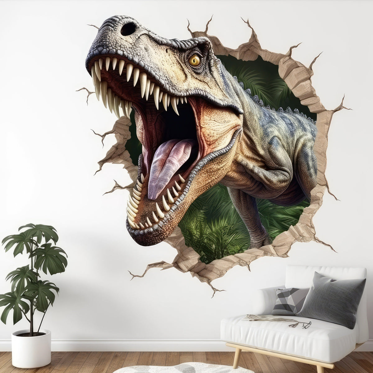 Peel-and-stick dinosaur wall mural for kids room decor.