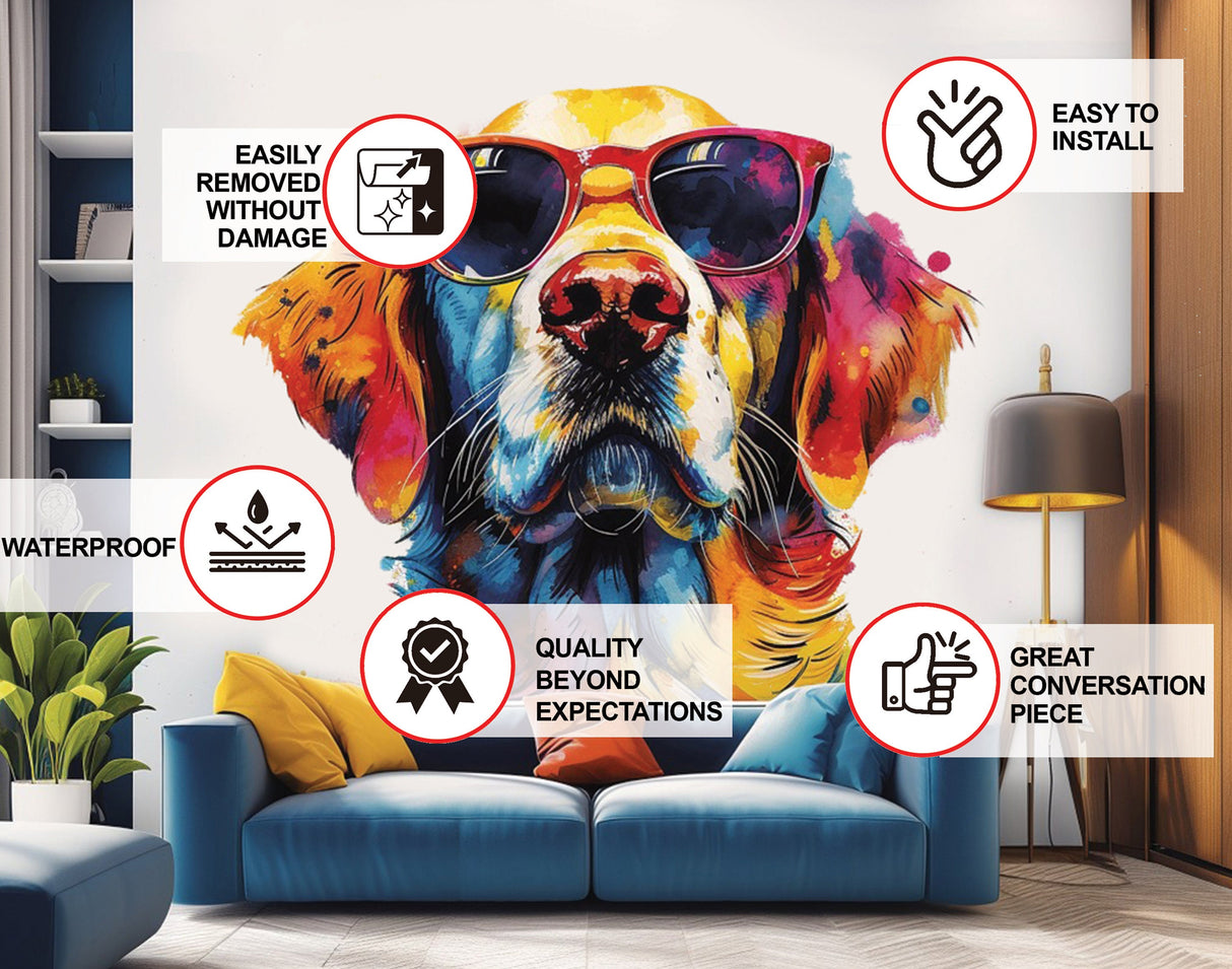Golden Retriever with Sunglasses Wall Decal - Expressive Watercolor Dog Sticker for Vibrant Room Decor.