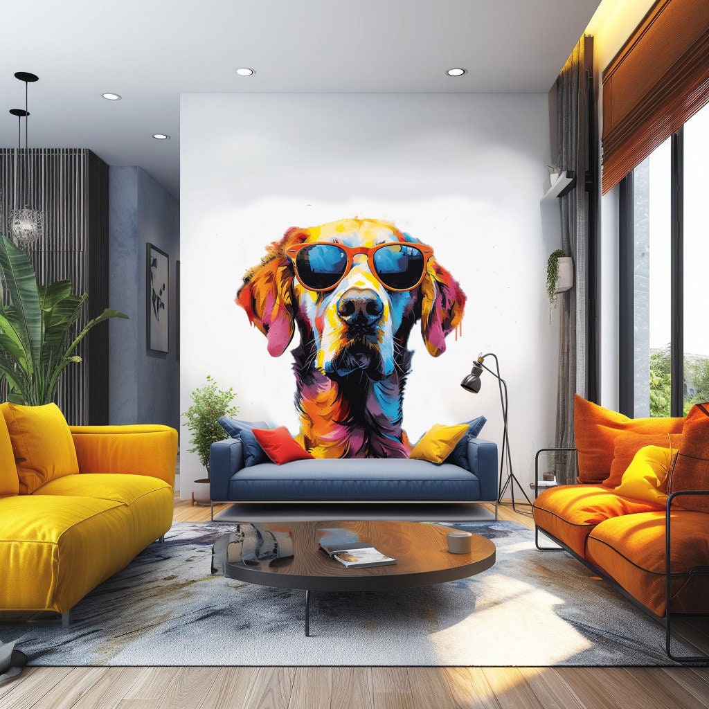 Alternate product view of Colorful Watercolor Golden Retriever in Glasses Wall Sticker.