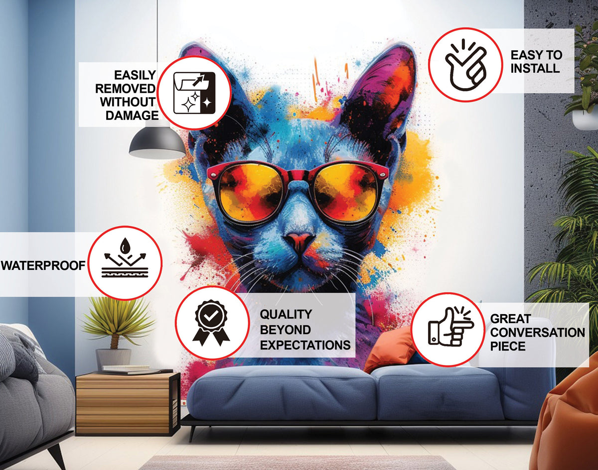 Colorful Watercolor Cat in Glasses Wall Decal - Vibrant Kitten Room Sticker Decor.