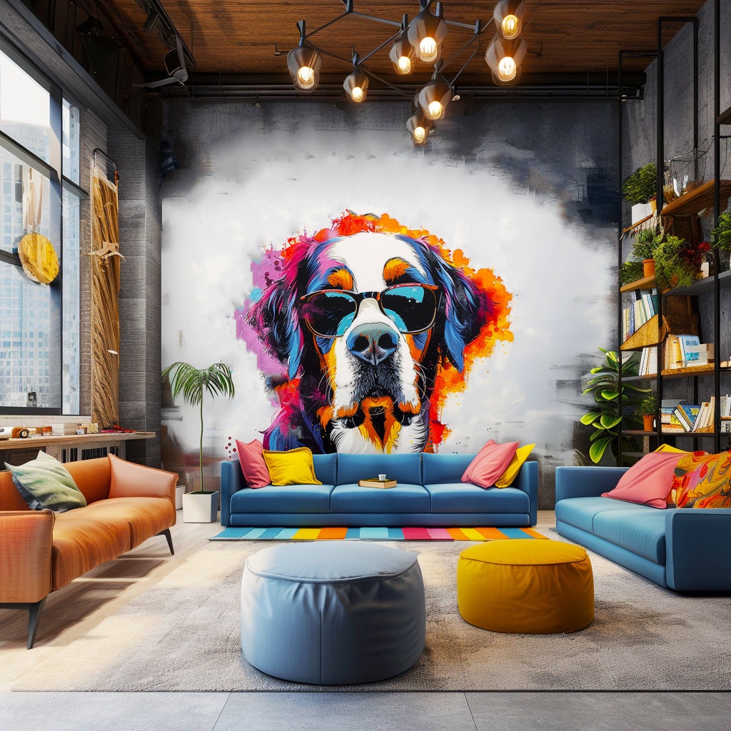 Alternate product view of Colorful St. Bernard with Glasses Wall Decal.