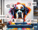 Colorful St. Bernard with Glasses Wall Decal - Bold Watercolor Bernese Mountain Dog Art Sticker.