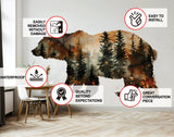 Autumn Forest Bear Silhouette Wall Sticker - Majestic Woodland Scene Bruin Nature Vinyl Decal for Rustic Home Decor.