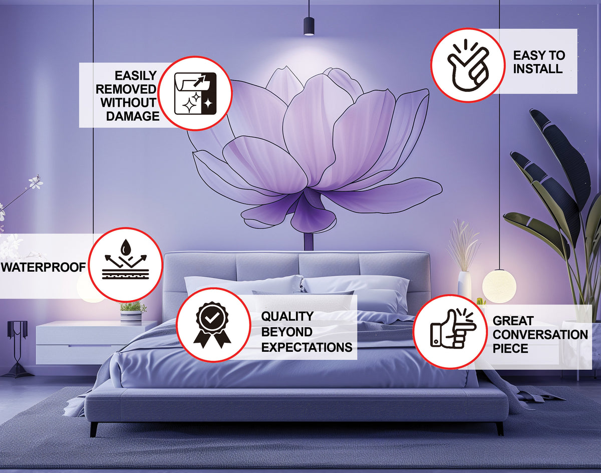 Purple Lotus Flower Wall Decal - Tranquil Peel and Stick Floral Art for Bedroom Sticker Decor.