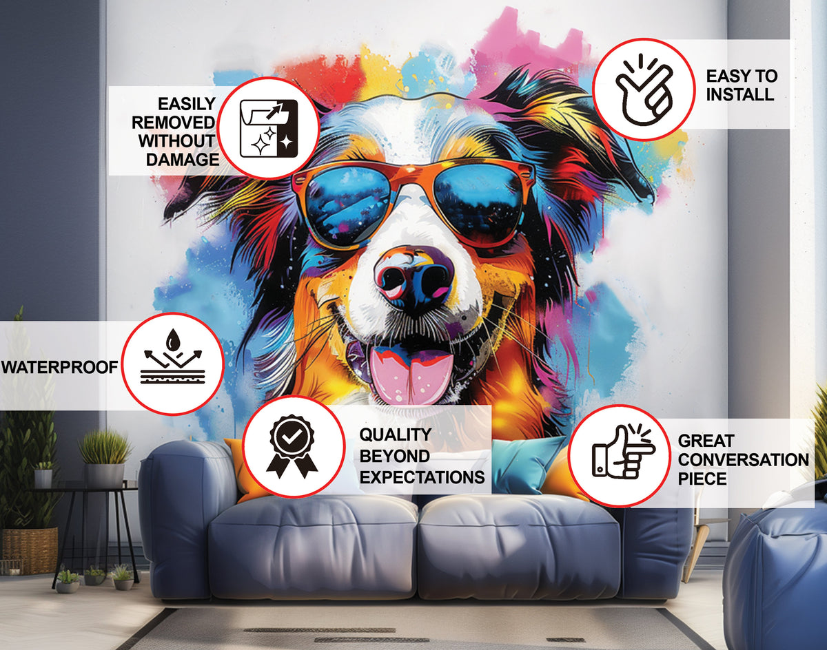 Australian Shepherd in Sunglasses Wall Sticker - Vivid Watercolor Pet Art Decal Home Decor.